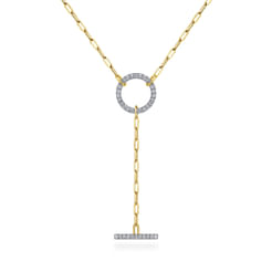 14K Yellow Gold Diamond Circle and Bar Y-Knot Necklace with Hollow Paperclip Chain