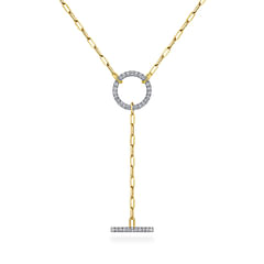14K Yellow Gold Diamond Circle and Bar Y-Knot Necklace with Hollow Paperclip Chain