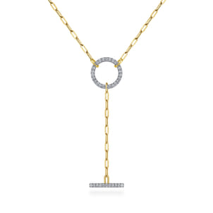 14K Yellow Gold Diamond Circle and Bar Y-Knot Necklace with Hollow Paperclip Chain