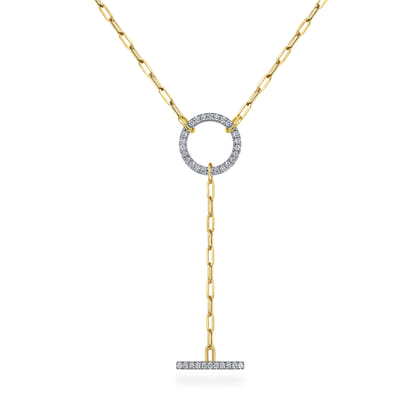 14K Yellow Gold Diamond Circle and Bar Y-Knot Necklace with Hollow Paperclip Chain