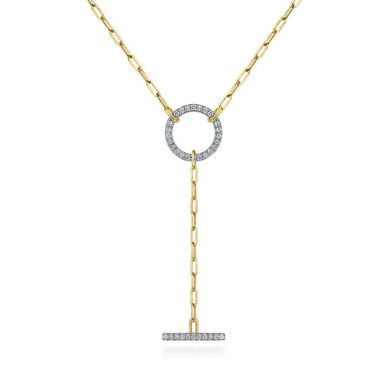 14K Yellow Gold Diamond Circle and Bar Y-Knot Necklace with Hollow Paperclip Chain - 0.55 ct - Shot 1