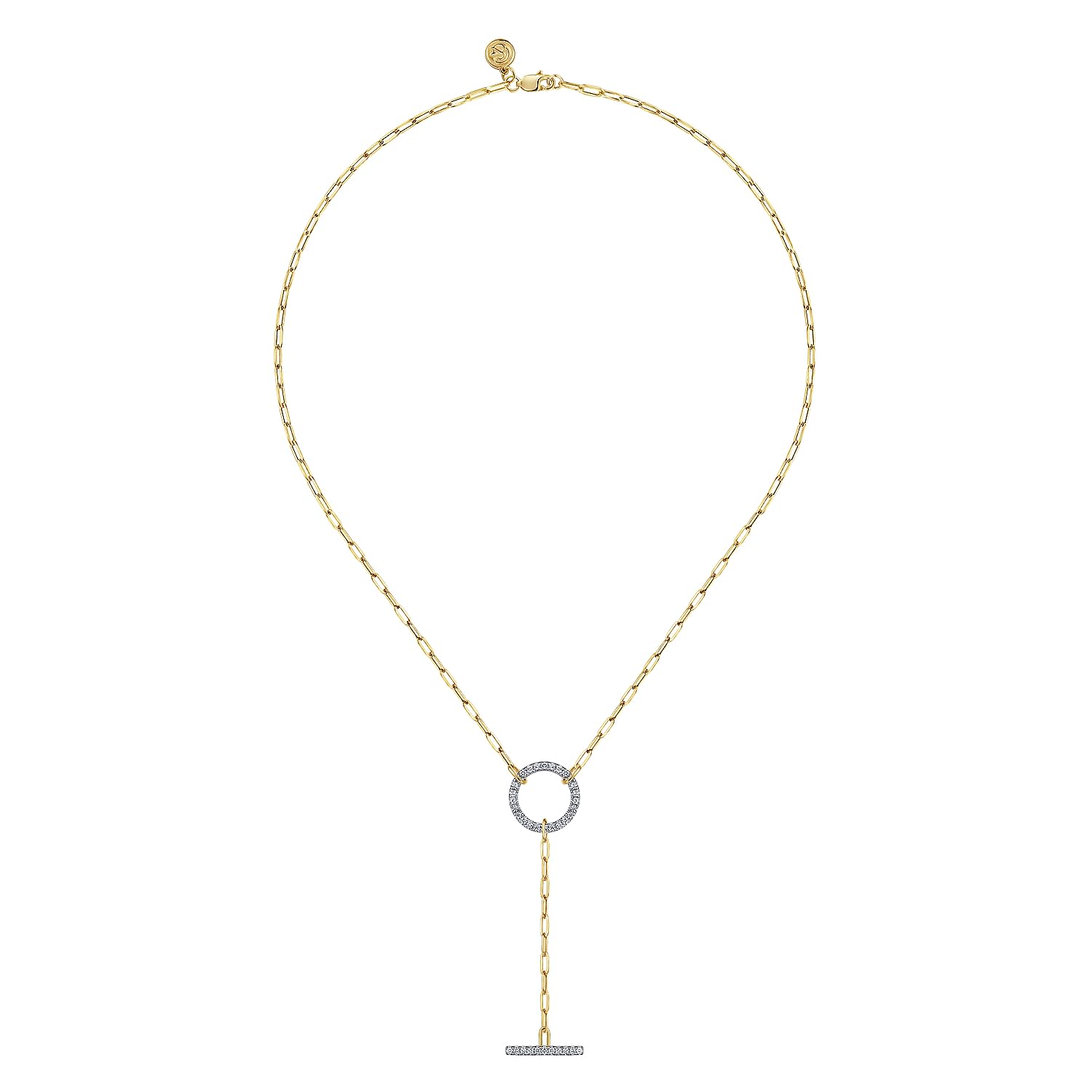 14K-Yellow-Gold-Diamond-Circle-and-Bar-Y-Knot-Necklace-with-Hollow-Paperclip-Chain2