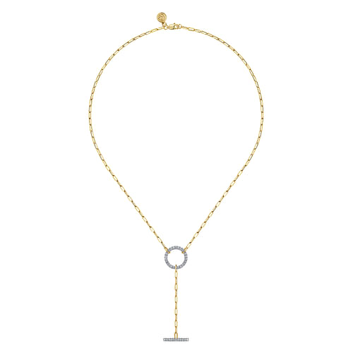 14K Yellow Gold Diamond Circle and Bar Y-Knot Necklace with Hollow Paperclip Chain - 0.55 ct - Shot 2