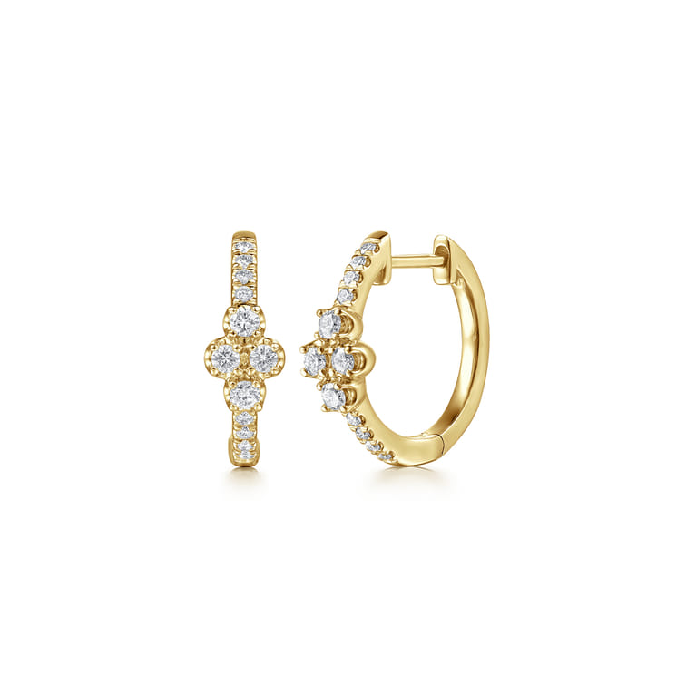 14K Yellow Gold Diamond Clover Huggie Earrings - 0.27 ct - Shot 1