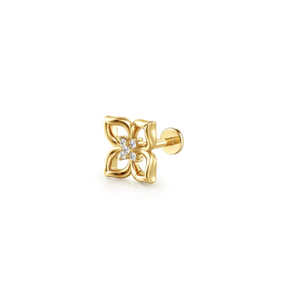 14K Yellow Gold Diamond Clover Single Flatback Stud Earring