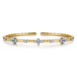 14K Yellow Gold Diamond Clover Station Cuff Bangle Bracelet