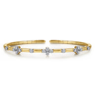 14K Yellow Gold Diamond Clover Station Cuff Bangle Bracelet
