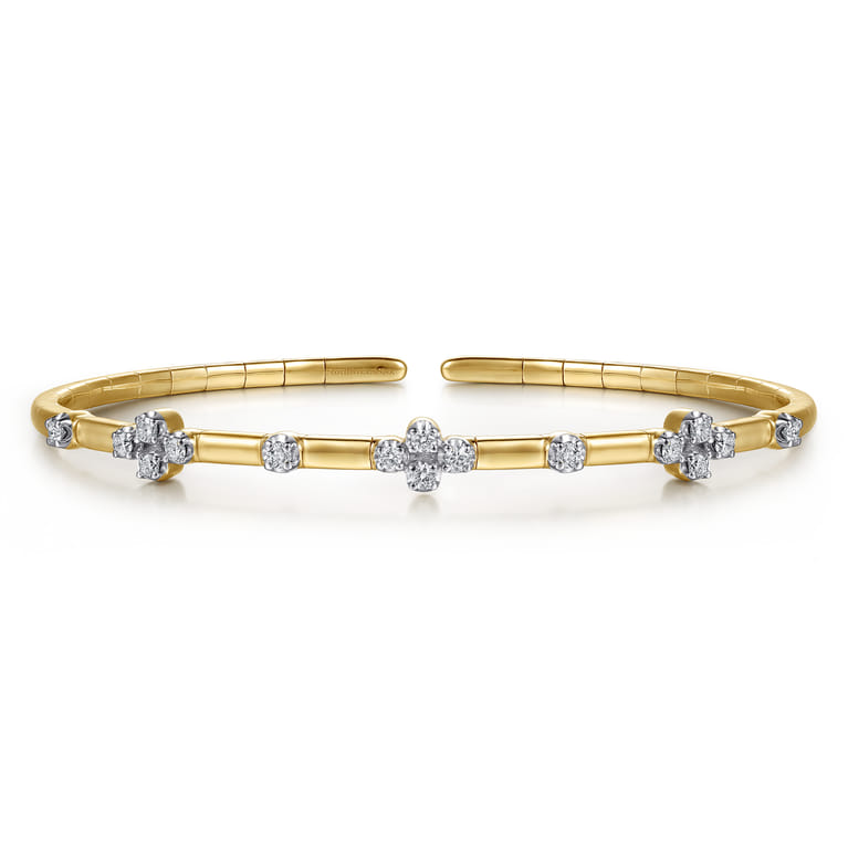 14K Yellow Gold Diamond Clover Station Cuff Bangle Bracelet - 0.35 ct - Shot 1