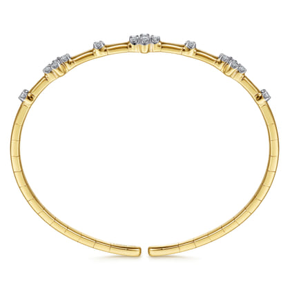14K Yellow Gold Diamond Clover Station Cuff Bangle Bracelet