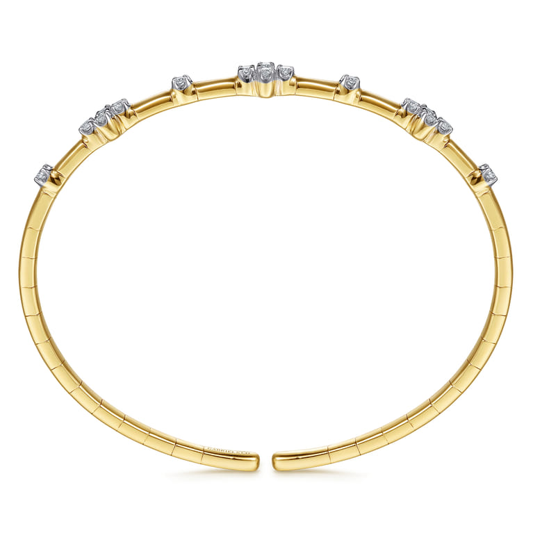 14K Yellow Gold Diamond Clover Station Cuff Bangle Bracelet - 0.35 ct - Shot 3