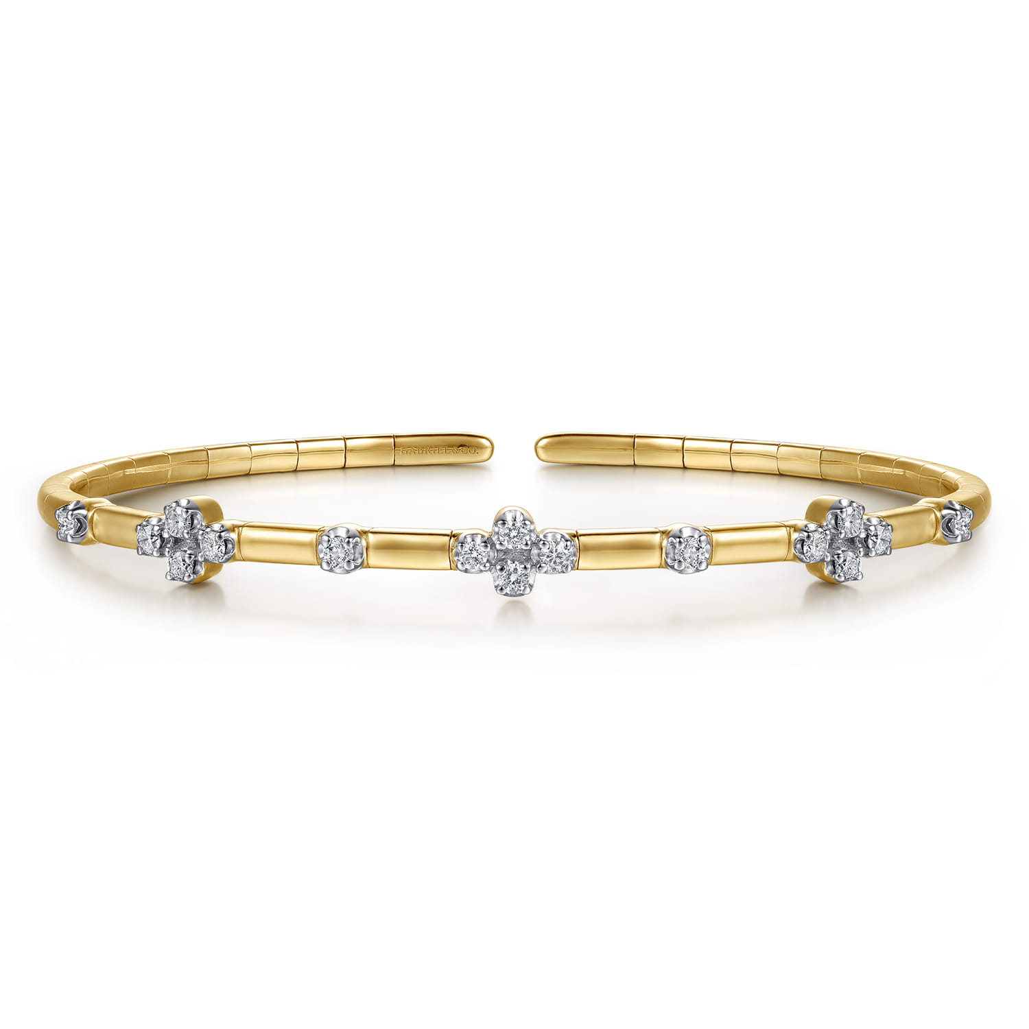 14K Yellow Gold Diamond Clover Station Cuff Bangle Bracelet - 0.35 ct - Shot 1