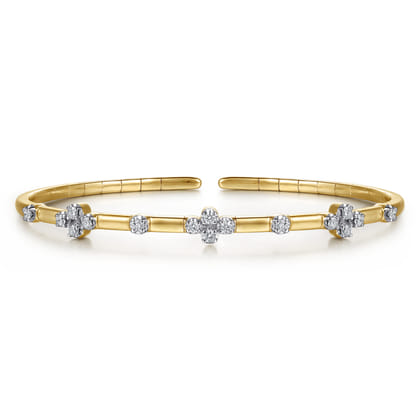 14K Yellow Gold Diamond Clover Station Cuff Bangle Bracelet