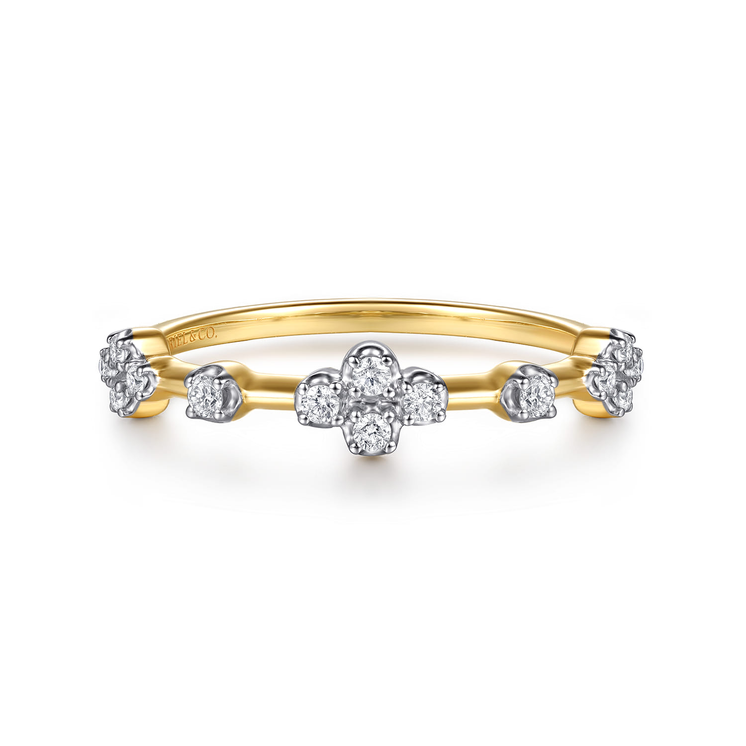 14K Yellow Gold Diamond Clover Station Stackable Ring - 0.15 ct - Shot 1