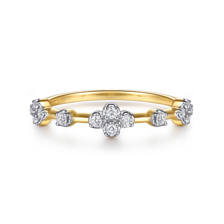 14K Yellow Gold Diamond Clover Station Stackable Ring - 0.15 ct - Shot 1