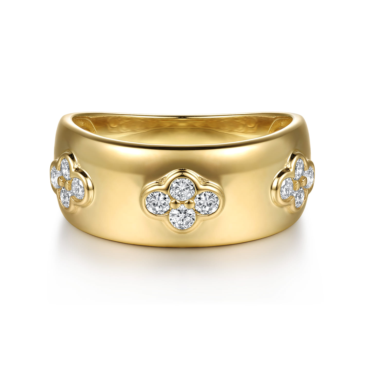 14K Yellow Gold Diamond Clover Station Wide Band Ring - 0.35 ct - Shot 1