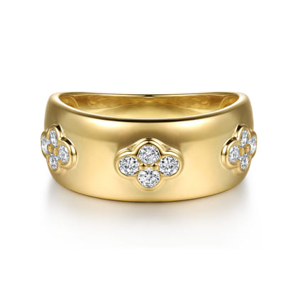 14K Yellow Gold Diamond Clover Station Wide Band Ring