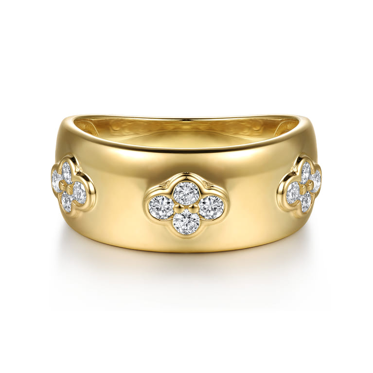 14K Yellow Gold Diamond Clover Station Wide Band Ring - 0.35 ct - Shot 1