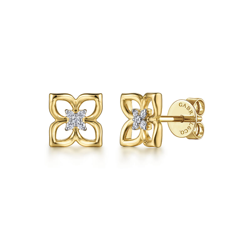 14K Yellow Gold Diamond Clover Stud Earrings - 0.05 ct - Shot 1