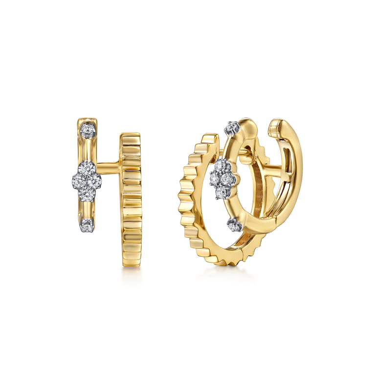 14K Yellow Gold Diamond Clover and Diamond Cut Texture Stuggies Earrings - 0.12 ct - Shot 1