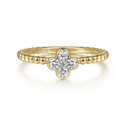 14K Yellow Gold Diamond Cluster Clover and Bujukan Bead Ring