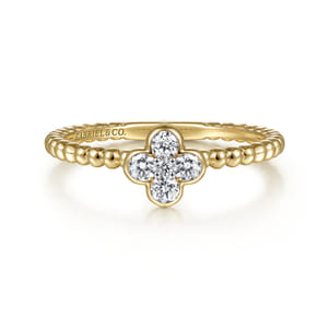 14K Yellow Gold Diamond Cluster Clover and Bujukan Bead Ring