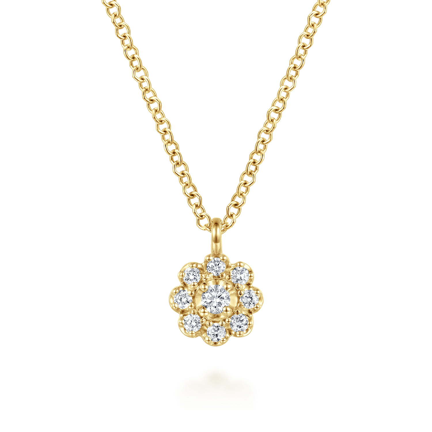 14K Yellow Gold Diamond Cluster Flower Pendant Necklace - 0.1 ct - Shot 1