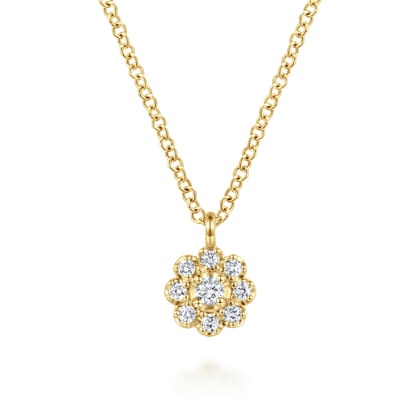 14K Yellow Gold Diamond Cluster Flower Pendant Necklace