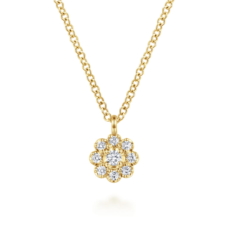 14K Yellow Gold Diamond Cluster Flower Pendant Necklace - 0.1 ct - Shot 1