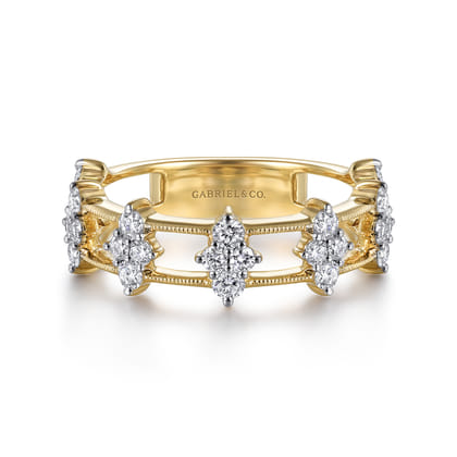 14K Yellow Gold Diamond Cluster Station Ring