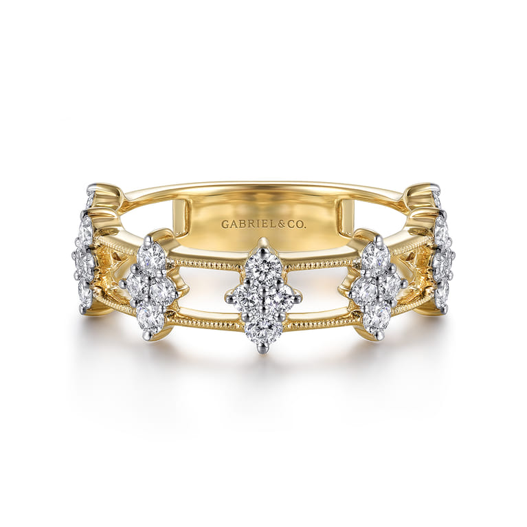 14K Yellow Gold Diamond Cluster Station Ring - 0.65 ct - Shot 1