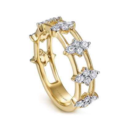 14K Yellow Gold Diamond Cluster Station Ring