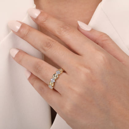 14K Yellow Gold Diamond Cluster Station Ring