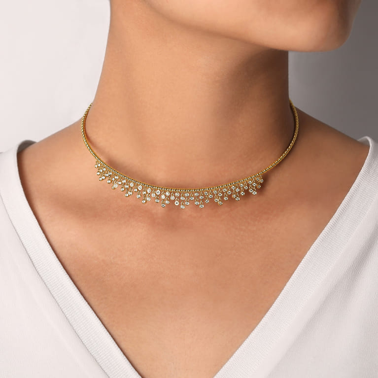 14K Yellow Gold Diamond Clusters Bujukan Beaded Choker Necklace - 1.25 ct - Shot 3