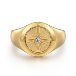 14K Yellow Gold Diamond Compass Signet Ring