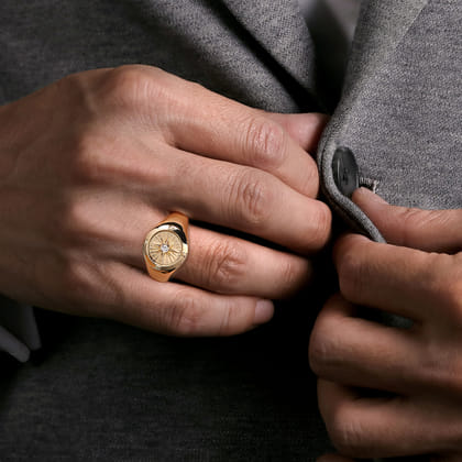 14K Yellow Gold Diamond Compass Signet Ring