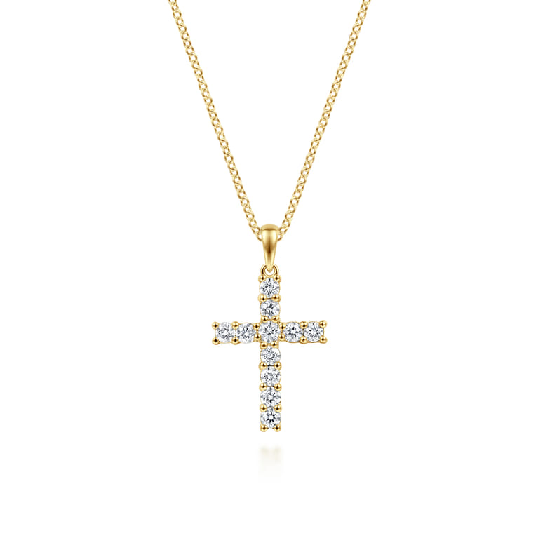 14K Yellow Gold Diamond Cross Pendant Necklace - 0.45 ct - Shot 1