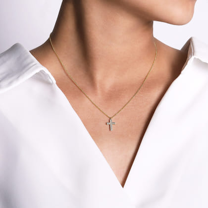 14K Yellow Gold Diamond Cross Pendant Necklace