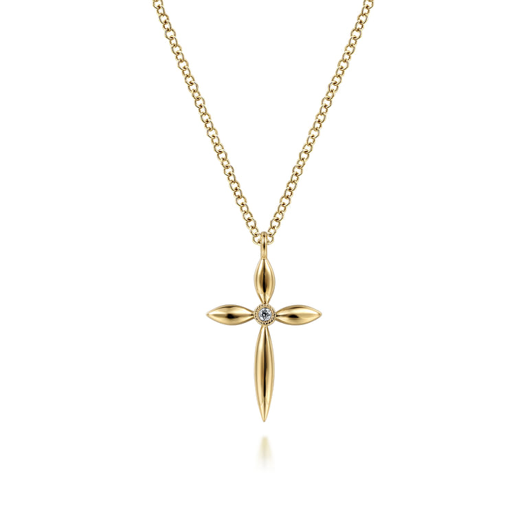 14K Yellow Gold Diamond Cross Pendant Necklace - 0.01 ct - Shot 1