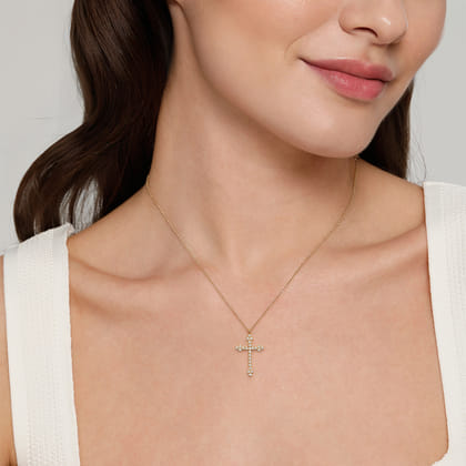 14K Yellow Gold Diamond Cross Pendant Necklace