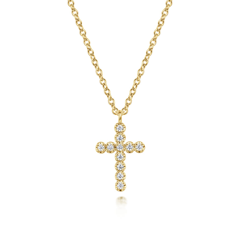 14K Yellow Gold Diamond Cross Pendant Necklace - 0.11 ct - Shot 1