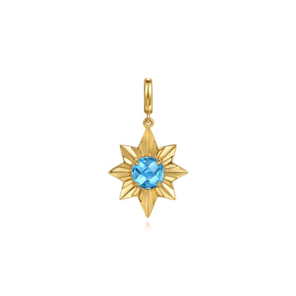 14K Yellow Gold Diamond Cut Blue Topaz Starbust Medallion Pendant in Size 20mm With Detachable Bail
