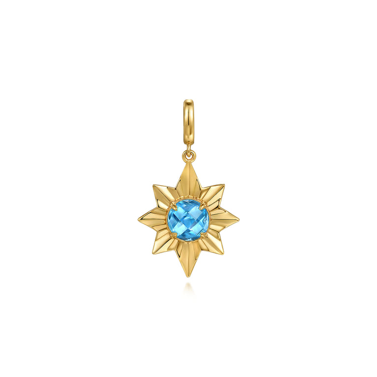 14K Yellow Gold Diamond Cut Blue Topaz Starbust Medallion Pendant in Size 20mm With Detachable Bail - Shot 1