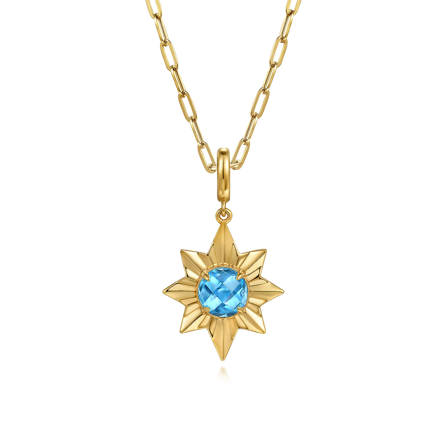 14K Yellow Gold Diamond Cut Blue Topaz Starbust Medallion Pendant in Size 20mm With Detachable Bail - Shot 3