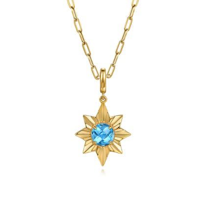 14K Yellow Gold Diamond Cut Blue Topaz Starbust Medallion Pendant in Size 20mm With Detachable Bail