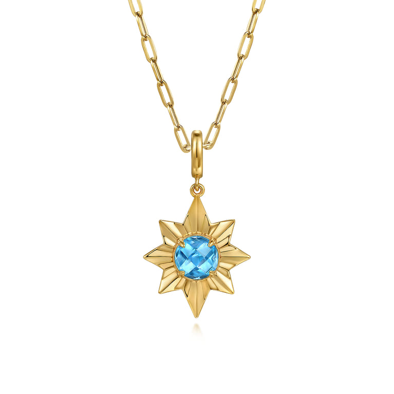 14K Yellow Gold Diamond Cut Blue Topaz Starbust Medallion Pendant in Size 20mm With Detachable Bail - Shot 3