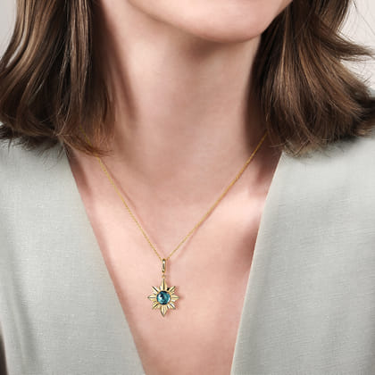 14K Yellow Gold Diamond Cut Blue Topaz Starbust Medallion Pendant in Size 20mm With Detachable Bail