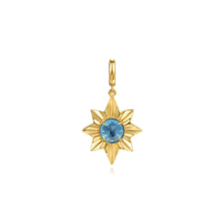 14K Yellow Gold Diamond Cut Blue Topaz Starbust Medallion Pendant in Size 20mm with Detachable Bail