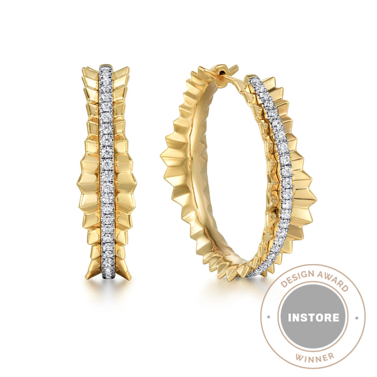 14K Yellow Gold Diamond Cut Hoop Earrings in size 30mm - 0.65 ct - Shot 1