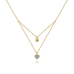 14K Yellow Gold Diamond Double Heart Pendant Necklace
