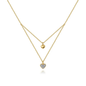 14K Yellow Gold Diamond Double Heart Pendant Necklace
